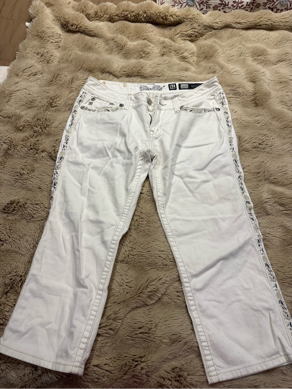 Miss Me White Wide-Leg Jeans with Embellished Side Trim